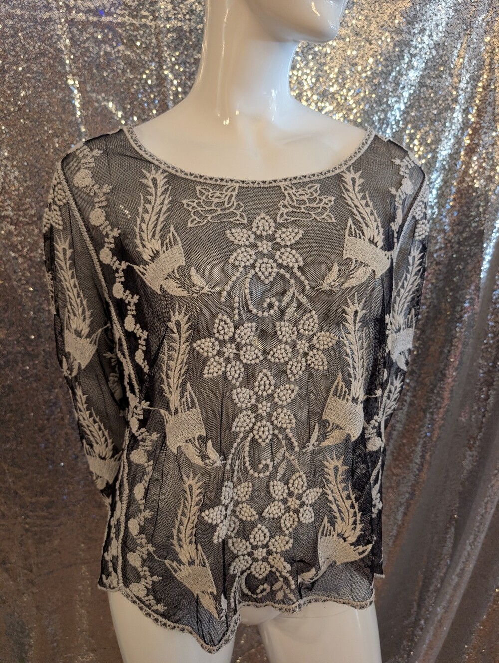 Black & White Sheer Mesh Embroidered Floral Bird Long Sleeve Top / Blouse